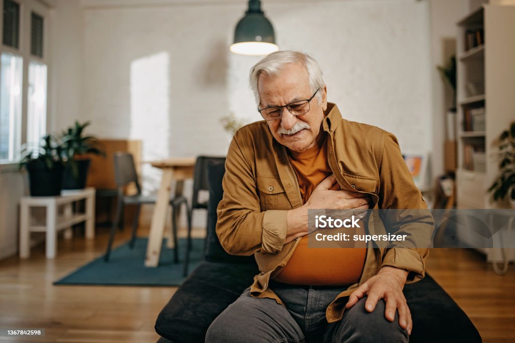 Senior man has chest pain Heart - Internal Organ Stock Photo