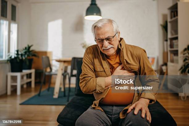 Senior Man Has Chest Pain Stock Photo - Download Image Now - Heart - Internal Organ, Heart Disease, Stroke - Illness
