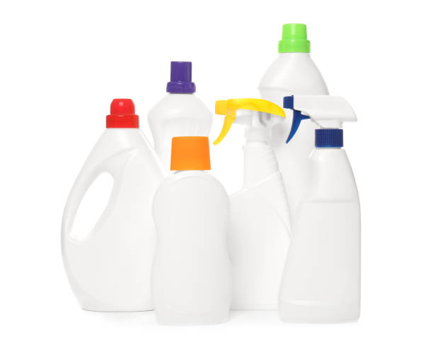 istock Bottles of different cleaning products on white background 1367842910