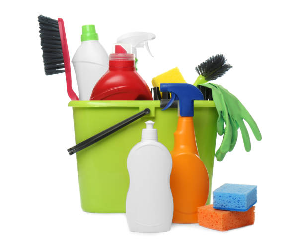 istock Bucket with different cleaning products and tools on white background 1367842913