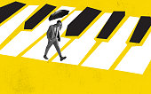 Contemporary art collage of serious man in suit walking with umbrella along piano keys isolated over yellow background. Melody of life