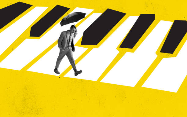 Contemporary art collage of serious man in suit walking with umbrella along piano keys isolated over yellow background. Melody of life Melody of life. Contemporary art collage of serious man in a suit walking with umbrella along piano keys isolated on yellow background. Song and music writer. Concept of creativity, inspiration music culture stock pictures, royalty-free photos & images