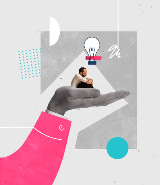 istock Creative design, contemporary art collage of sad, unhappy looking man sitting with lightbulb above 1367843831