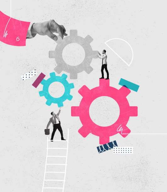 istock Contemporary art collage of people making, connecting gears symbolizing teamwork, working experience 1367843839