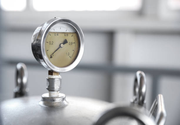 istock Pressure gauge at modern granary, closeup. Space for text 1367844643