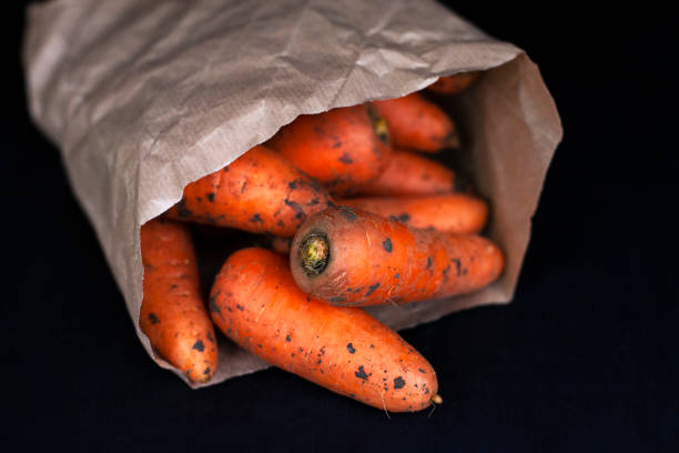 Fresh carrots on a black background, farm organic vegetables.