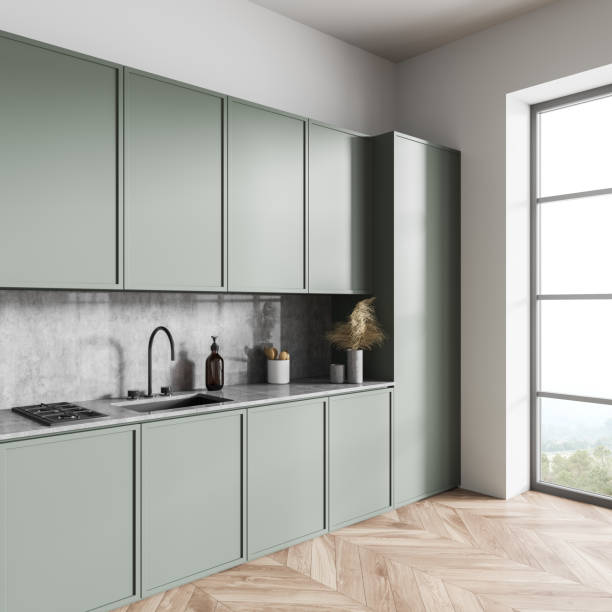 istock Bright kitchen room interior with panoramic window, oak wooden floor 1367846693