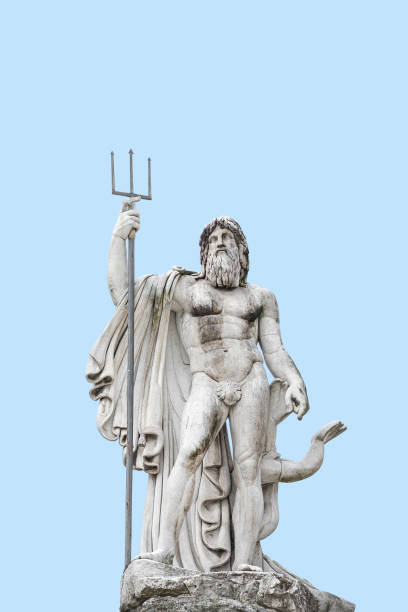istock Cover page with statue of Neptune at Piazza del Popolo at blue sky solid background, Rome, Italy, with copy space. 1367846962