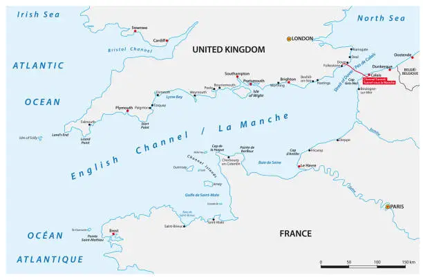 Vector illustration of Vector map of the English Channel between United Kingdom and France