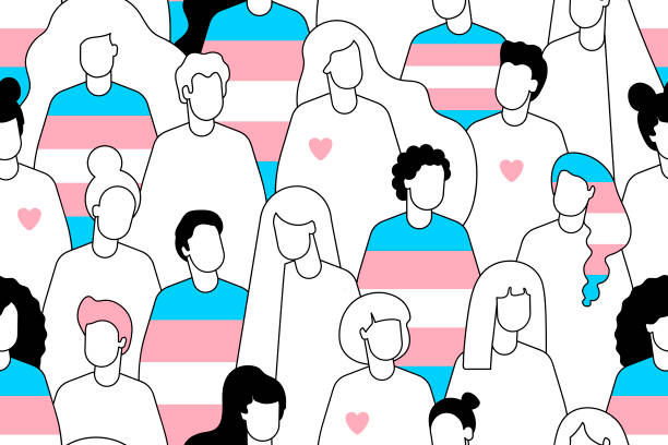 stockillustraties, clipart, cartoons en iconen met transgender crowd of people seamless pattern. international transgender day,31 march. different people marching on the pride parade. human rights.transgender person.transgender pride flag. transgender pride month concept.online dating. - transgender