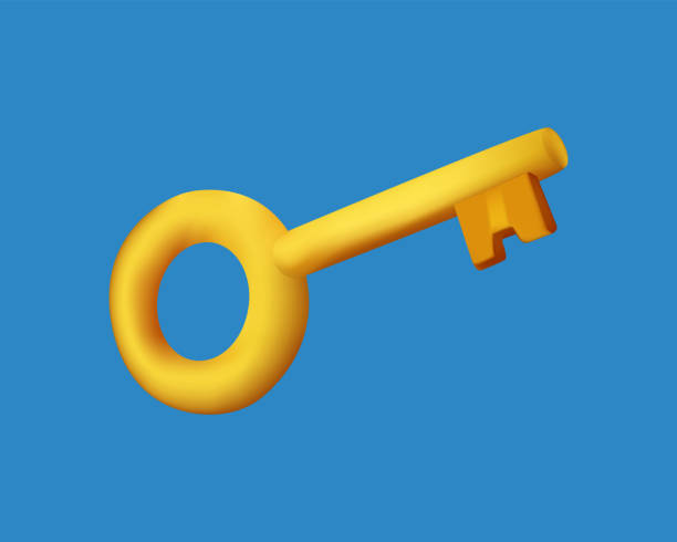 파스텔 블루 배경에 격리된 최소 노란색 키입니다. 심플한 디자인. 3d 렌더링. 편집할 수 없는 3d 벡터 아이콘. - skeleton key stock illustrations