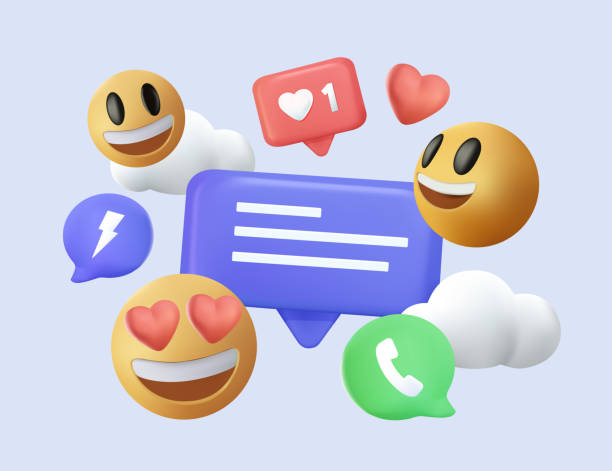 ilustraciones, imágenes clip art, dibujos animados e iconos de stock de plataforma de redes sociales 3d, concepto de aplicaciones de comunicación social en línea, emoji, corazones, chat sobre fondo azul claro - tridimensional