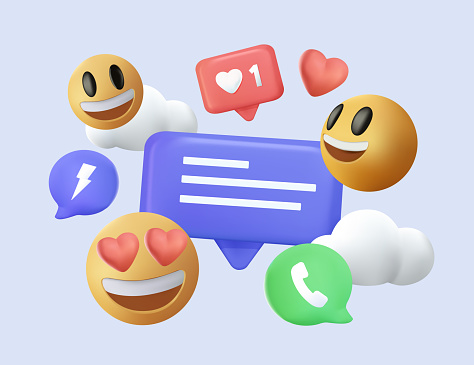 3D Social media platform, online social communication applications concept, emoji, hearts, chat on light blue background. 3d Vector illustration. Message notification. Cloud new message 3d messenger