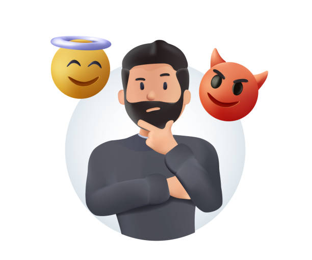 ilustrações de stock, clip art, desenhos animados e ícones de the demon, good and bad, is talking to a worried man. 3d free to edit vector. do and don't symbols. business problem. - halberd