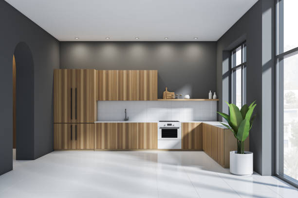 istock Black and wooden kitchen set interior with shelves and window, tiled floor 1367848635