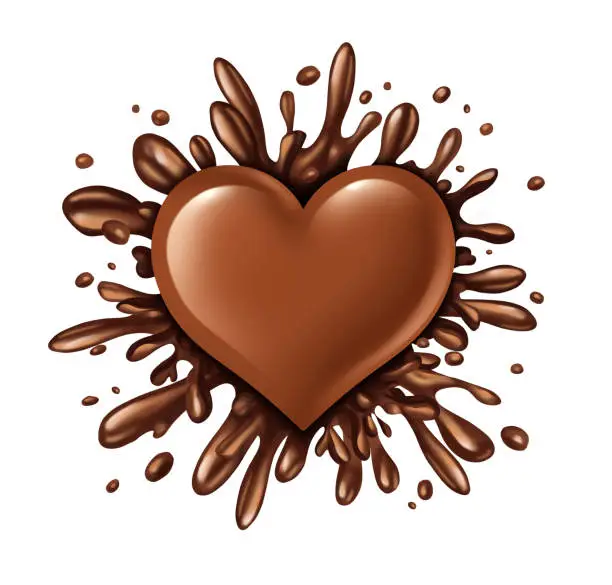 Chocolate heart splash liquid with chunks of melting candy exploding with a blast of dripping sweet brown syrup isolated on a white background as a symbol of love or valentines day celebration in a 3D illustration style.