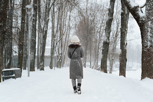 Back view of young woman in snow-covered coat and knitted white hat walking in park in winter, outdoors. Rear view of lonely girl walking along snowy alley.