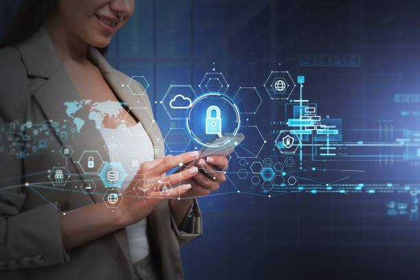 istock Woman hands using mobile phone, virtual hud with icons and data 1367849510