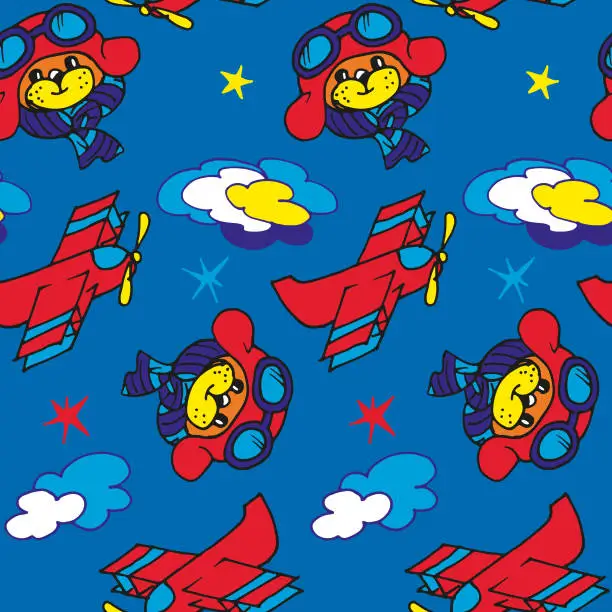 Vector illustration of children's seamless pattern, airplanes, helicopters and a starry sky on a blue background