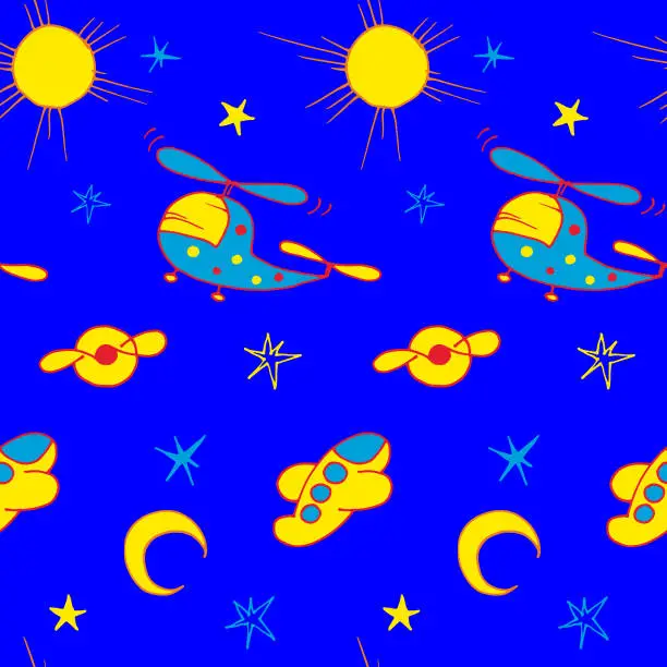 Vector illustration of children's seamless pattern, airplanes, helicopters and a starry sky on a blue background