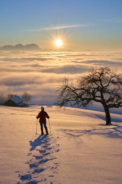 Woman snowshoeing in the Allgaeu Alps at sunset woman, snowshoeing at sunset in the Allgaeu Alps with spectacular view on Mount Saentis, Switzerland snow sunset winter mountain stock pictures, royalty-free photos & images