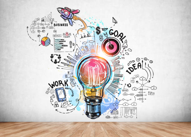 istock Colourful sketch with large light bulb, rocket launch, cogwheel, business 1367850777