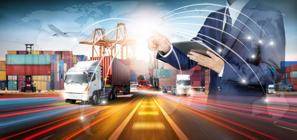 istock Global business logistics import export background, distribution networks of container cargo freight ship during loading at industrial port by crane, container handlers, cargo plane, truck on highway 1367855787