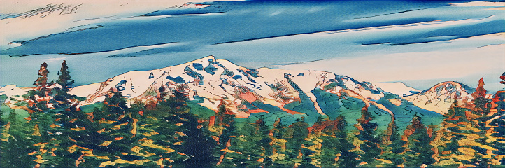 Panoramic landscape scene with snowy mountains above an evergreen forest in Lake Tahoe California with colorful watercolor painting effect