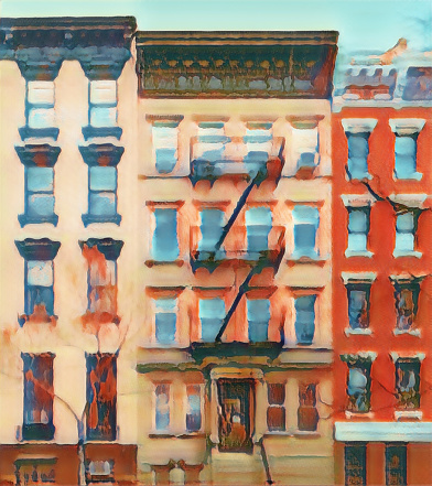 Old apartment buildings in the East Village of New York City with colorful watercolor painting effect