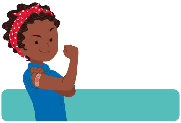 We can do it - Concept - We can beat the COVID-19 pandemic Reinterpretation of the We Can Do It poster - girl with bandage on her arm encouraging vaccination bandage arm stock illustrations