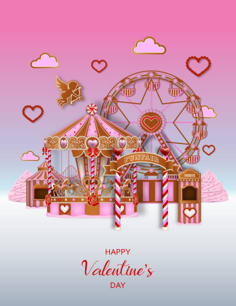 istock Valentine's day background with gingerbread funfair. Gingerbread valentine landscape 1367859502