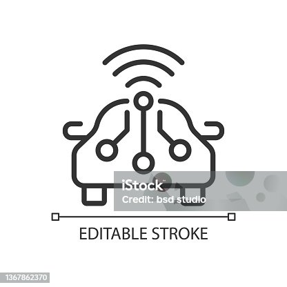 istock Smart car pixel perfect linear icon 1367862370