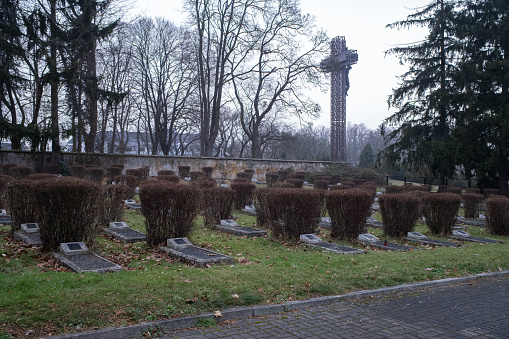 Boleslawiec, Poland - January 14, 2022. Soviet-Polish War Cemetery. Here are buried over 3.000 soldiers. Selective focus
