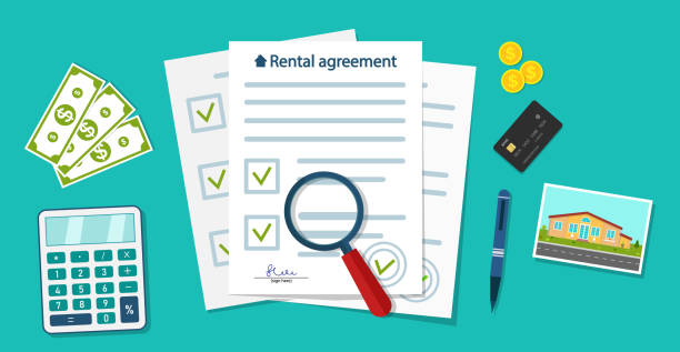 Rental agreement to apartment. Contract tenancy of house. Document lease of home. Law tenancy form with stamp and signature. Legal tenant of building property. Vector Rental agreement to apartment. Contract tenancy of house. Document lease of home. Law tenancy form with stamp and signature. Legal tenant of building property. Vector. lease agreement stock illustrations