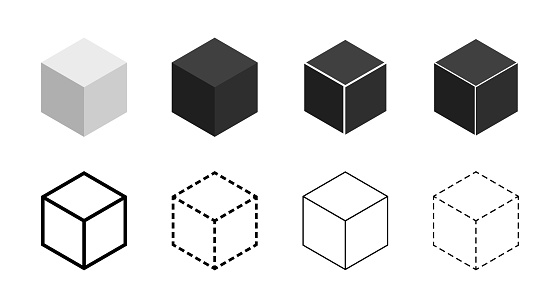Cube 3d. Cubic icons. Set of isometric black, gray and outline cubes. Cubics in line style. Box symbols. Block design logos. Vector.