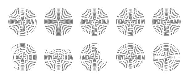 ilustrações, clipart, desenhos animados e ícones de círculos concêntricos. padrão de linha redonda. formas circulares de ondulação. círculos quebrados. vórtice de sonar geométrico. projete círculos gráficos em fundo branco. vetor - ondulado descrição física