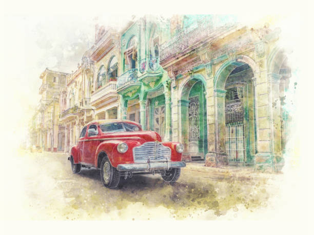 ilustraciones, imágenes clip art, dibujos animados e iconos de stock de oldtimer coche clásico de época en la habana vieja cuba acuarela pintura - illustration and painting the americas usa old fashioned