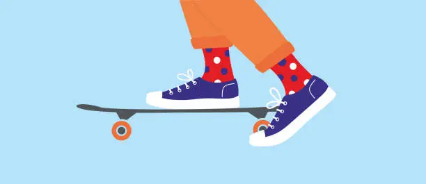 Vector illustration of Skater ride on skateboard. Skate park. Legs in sneakers and color print socks. Equipment for skateboarding.