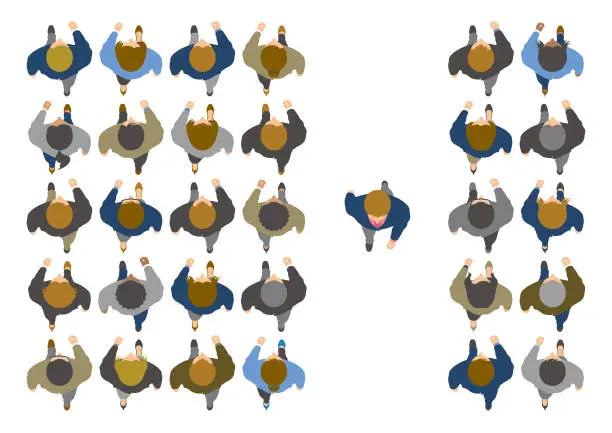 Vector illustration of Overhead view of unique business man going to opposite direction, standing out from the crowd, thinking differently