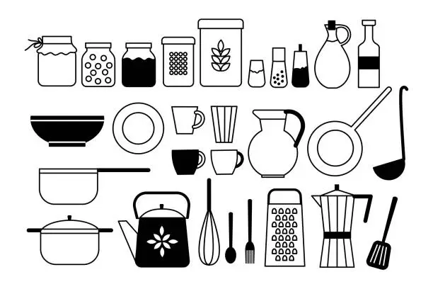Vector illustration of Set of dishes and kitchen accessories: pots, frying pan, kettle, coffee pot, cups.