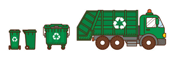 Garbage truck and green recycle garbage bins vector art illustration