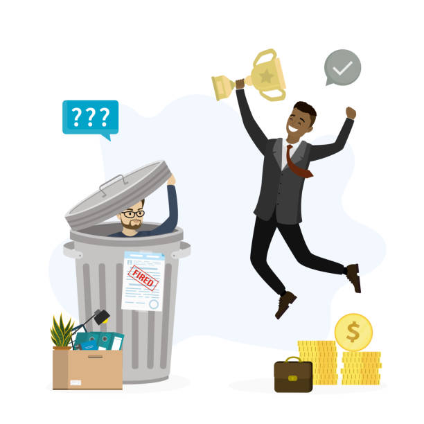 Winner And Loser Funny Business Characters Fired Jobless Bankrupt Sitting  In Metal Trash Can Successful Manager Gets Promotion And Money Bonus Stock  Illustration - Download Image Now - iStock
