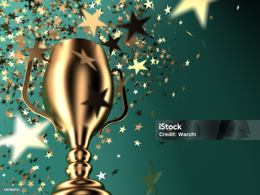 Joy of winning the gold cup Gold cup and falling stars,copy space Success, competition , sports, and winning concept. Award Stock Photo
