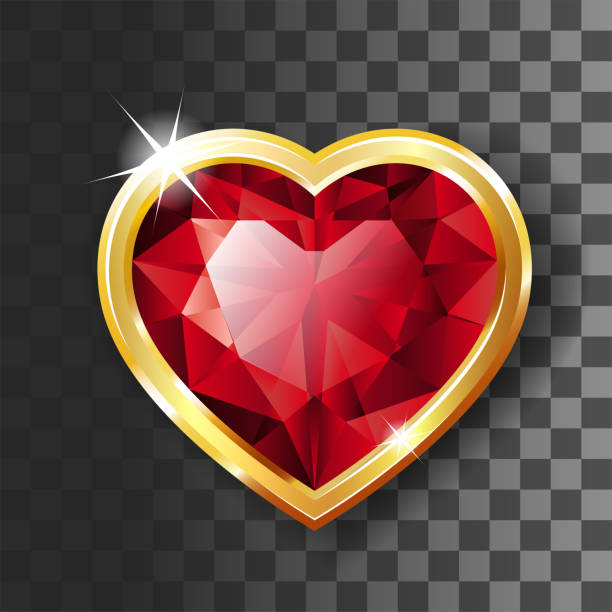 ilustraciones, imágenes clip art, dibujos animados e iconos de stock de marco dorado de cristal de rubí rojo brillante en forma de corazón sobre fondo transparente. - crystal bright diamond gem