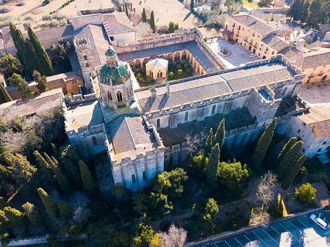 Aerial view of Monastery of Santa Maria de Santes Creus, Catalonia, Spain