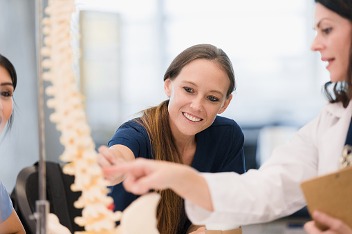 The mid adult female medical school student and the mid adult female professor discuss the model of the human spine.