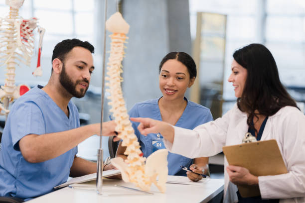 istock Young adult nursing students and professor discuss spine model 1367871686