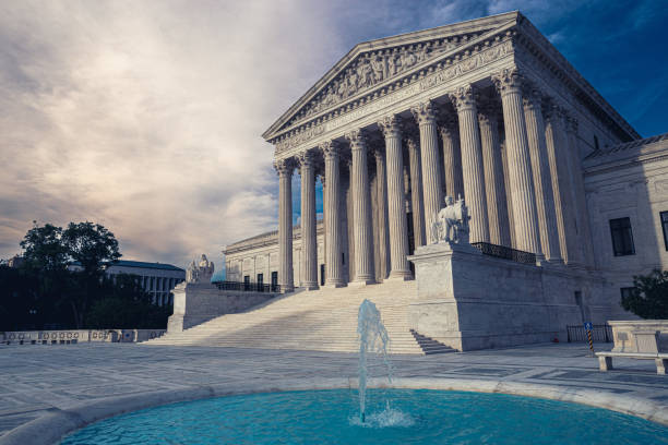 Front entrance to United States Supreme Court building in Washington DC stock photo
