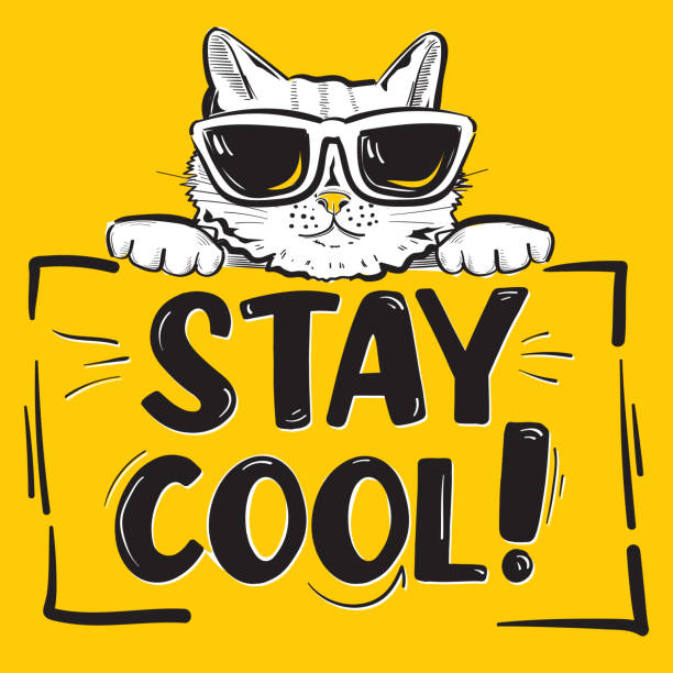 stay cool quote handgezeichnetes trendiges design mit katze in sonnenbrille - cute kitten pics stock-grafiken, -clipart, -cartoons und -symbole