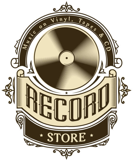 stockillustraties, clipart, cartoons en iconen met record store shop - monochrome retro label - lp jazz